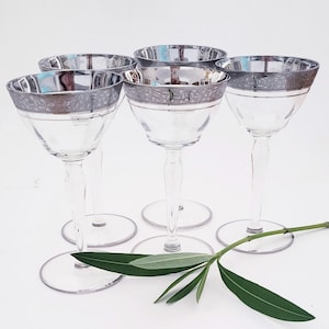 Vintage Cocktail Glasses by Tiffin Silver Embossed Rambler Rose Pattern Set of Five/Silver Banded Liquor Glassware Footed Set/Wedding Toast