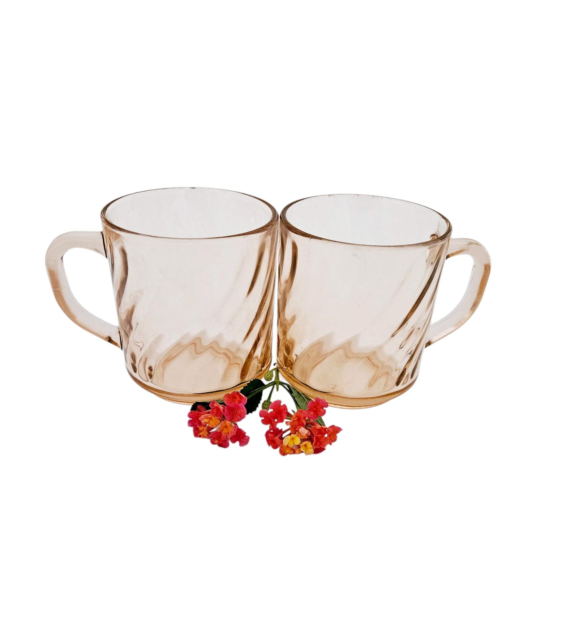 Vintage Pink Mugs by Arcoroc of France Rosaline Optic Swirl Pattern/Vintage Pink Glass Coffee Mugs/Pink French Glassware Set of Two 1980s