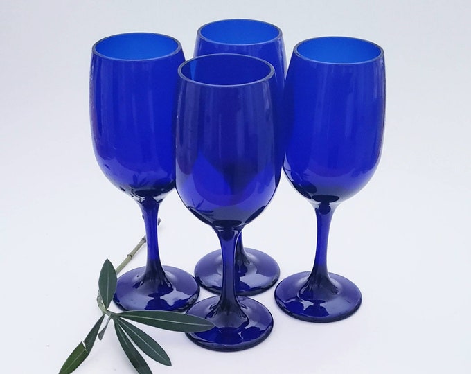 Vintage Cobalt Blue Wine Glasses by Libbey Glass Company Set of Four