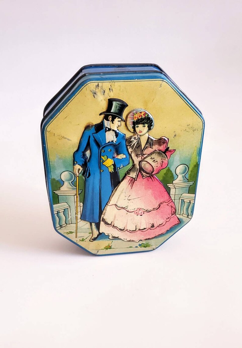 Vintage Tin George Horner Boy Blue Toffee Victorian DressCostume Box with LidVintage Tin Victorian Style BlueVintage Victorian Tin Blue