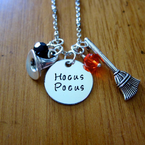 Hocus Pocus Inspired Halloween Necklace. Witch Hat. Witch Broom.  Swarovski Elements Crystals. Silver colored. Hand Stamped.