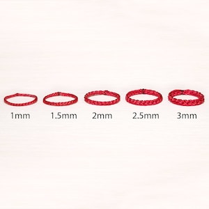 May include: Five red braided cords of different thicknesses, labelled 1mm, 1.5mm, 2mm, 2.5mm, and 3mm.