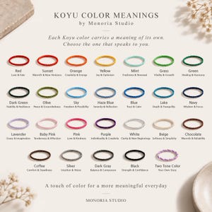 May include: A color chart titled KOYU COLOR MEANINGS by Monoria Studio displaying twenty-nine thin, braided rings in various colors. Each ring is labeled with its color name and a corresponding meaning, such as Red for Love & Fate.