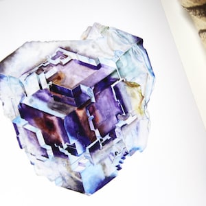 May include: Watercolor painting of a purple, blue, and white crystal. The crystal is a geometric shape with many facets. The painting is on a white background.