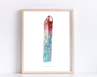 Cruzeiro Tourmaline Watercolor Print- Red, White, Blue Tourmaline, Geology Art Print, Crystal Print, Gemstone Print