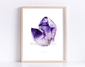 Crystal Art- Watercolor Amethyst Crystal Print 8"x10" - Watercolor Crystal Art- Crystal Painting- Mineral Art