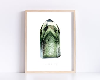 May include: A watercolor painting of a green phantom quartz crystal. The crystal is clear with green inclusions and has a pointed top. The text "PHANTOM QUARTZ" is written below the crystal.
