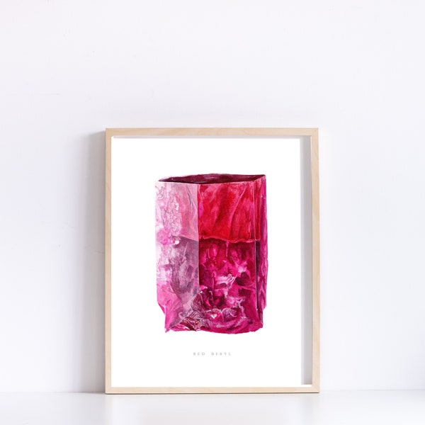 Geology Print- Red Beryl Watercolor Painting, Crystal Print, Gemstone Print, Red Beryl Mineral Specimen