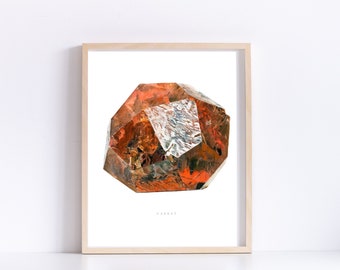 Puede incluir: Una impresión enmarcada con un cristal de granate facetado de color rojo anaranjado. La gema tiene una forma geométrica compleja con superficies reflectantes. La palabra "GARNET" está impresa debajo. El marco es de madera clara.