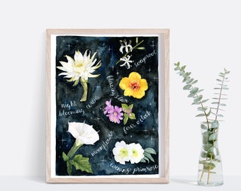 Botanical Print- Night Blooming Flowers Watercolor Art Print- Native California Plant Art, Botanical Illustration, Floral Print, Datura Art