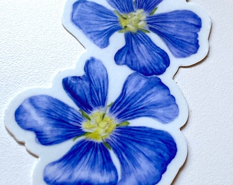 Autocollant de fleurs sauvages- Autocollant en vinyle bleu d’aquarelle de lin - Illustration botanique, autocollants de fleur, autocollant floral, autocollants de plante indigène
