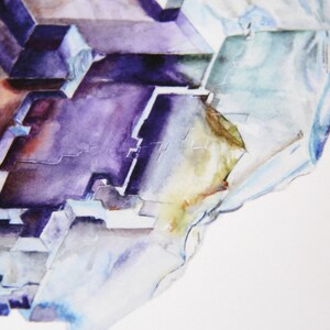 May include: A watercolor painting of a crystal with a purple, blue, and white color scheme. The crystal has a geometric shape with many facets.