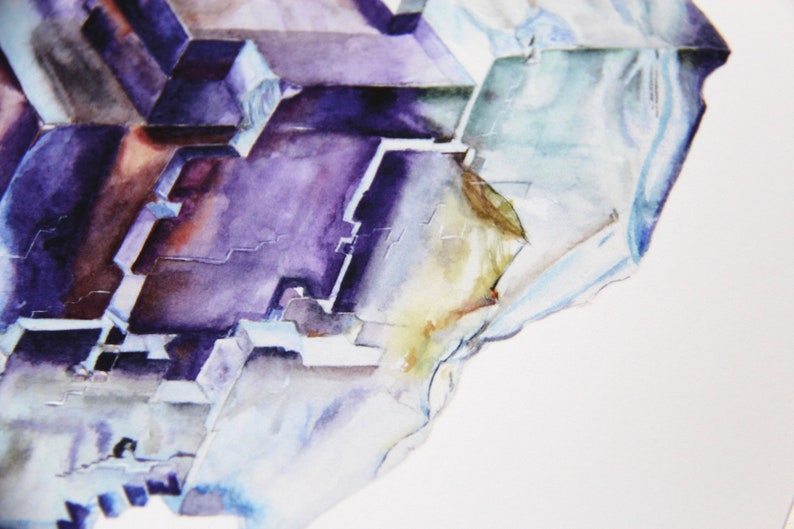 May include: A watercolor painting of a crystal with a purple, blue, and white color scheme. The crystal has a geometric shape with many facets.