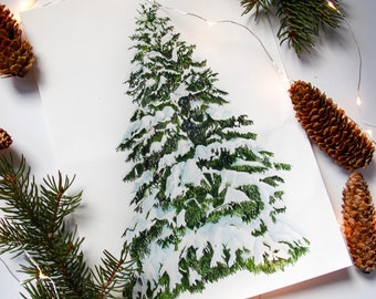 Watercolor Snowy Spruce Tree Print- Watercolor Christmas Tree, Snowy Winter Christmas Scene