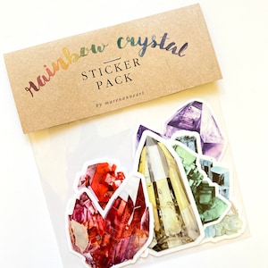 Rainbow Crystal Sticker Pack- Crystal Stickers, Set of 6 Watercolor Crystal Vinyl Stickers, Gemstone Stickers, Mineral and Gem Art