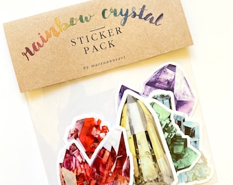 Rainbow Crystal Sticker Pack- Crystal Stickers, Set of 6 Watercolor Crystal Vinyl Stickers, Gemstone Stickers, Mineral and Gem Art