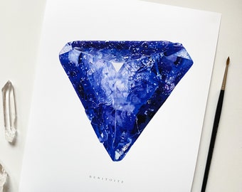 Benitoite Watercolor Painting- Giclee Print of a Natural Benitoite Crystal from California