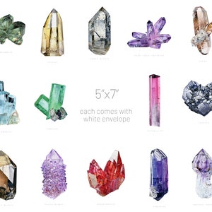 Cartão de felicitações de cristal - Cartão de notas mineral aquarela de 5" x 7", cartão de felicitações diário em branco, cartão de geólogo