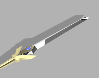 May include: A gold and silver sword with a blue gem on the hilt. The sword has a sharp point and a double-edged blade.