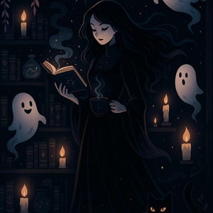 Dark Witchy Bookshop Phone Wallpaper | Gothic Cottagecore Ghost & Witch Digital Art