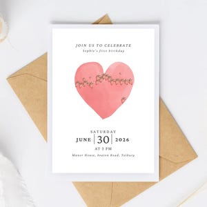 Faire-part d'anniversaire modifiable pour filles aux fraises roses, invitation de fête d'anniversaire, invitation pour enfants, modèle, A6, dimension carte postale 10,5 cm x 14,8 cm