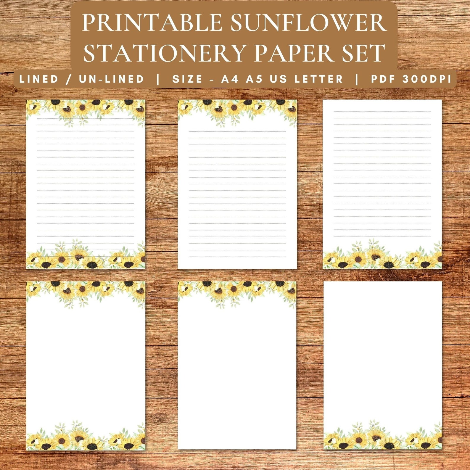 Printable Sunflower Stationery Paper Set,lined Blank Paper Pdf,download ...