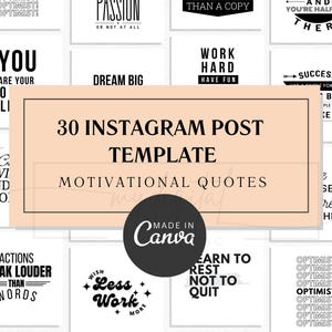 Puede incluir: Un collage de 30 plantillas de publicaciones de Instagram con citas motivacionales. Las plantillas son en blanco y negro con un fondo melocotón. El texto incluye citas como "Pasión o nada", "Sueña en grande", "Trabaja duro Diviértete", "Las acciones hablan más fuerte que las palabras", "Desea menos Trabaja más", "Aprende a descansar No te rindas", "Fórmula del éxito Las mejores personas lo hacen", "Tú eres tu propio límite", "98% Voy a terminar fuerte", "¡Optimista! ¡Optimista! ¡Optimista!" y "Estás a mitad de camino".