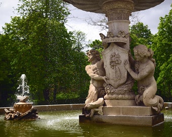 Fontaine, original fine art photographie, impression, la nature, 8 x 12, Espagne, madrid, parc, urbain, ville, l’été, vert, arbres, l’eau, l’architecture