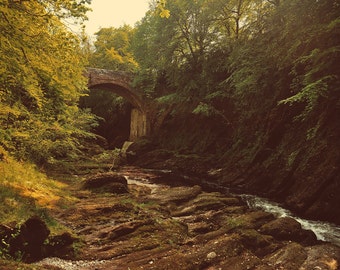Gannochy-Brücke über den River North Esk, original Fine Art-Fotografie, Grafik, Landschaft, Schottland, Angus, Wald, Holz, Architektur, historische