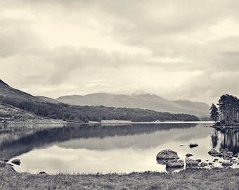 Loch Ossian, original fine art photography, print, landscape, highland, mountain, scotland, lake, sky, black and white, nature, corrour