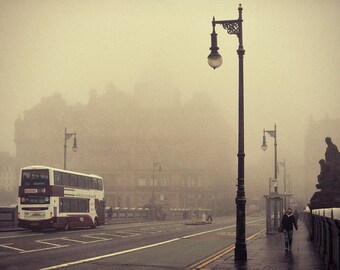 North Bridge, original fine art photography, print,,urban landscape, city life,  edinburgh, scotland, fog, mist, morning, bus, rain, wet