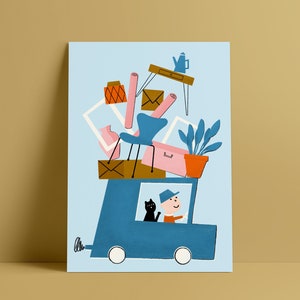 Ci siamo trasferiti! Cartolina DIN A6 Stampa fotografica Cartoncino offset Illustrazione Mobili Trasporto Traslocare Traslocare Ciao cat