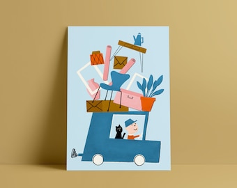 Wir sind umgezogen! Postkarte DIN A6 Bilderdruck Offsetkarton Illustration Möbel Transport Umzug Einzug Hallo Katze