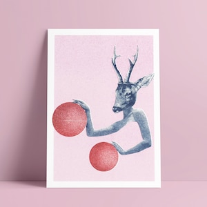 Cartolina d'auguri con collage di cervi, stampa Risography, DIN A6