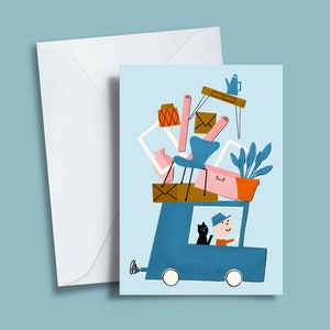We zijn verhuisd! Vouwkaart wenskaart DIN A5 fotoafdruk cadeaukaart illustratie bewegend met kat