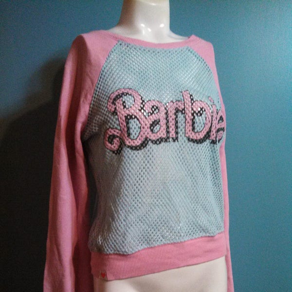 80s Barbie Shirt / Sheer Mesh Fish Net Shirt / Barbie Logo / Bubble Gum Pink / CarnivalofFashion