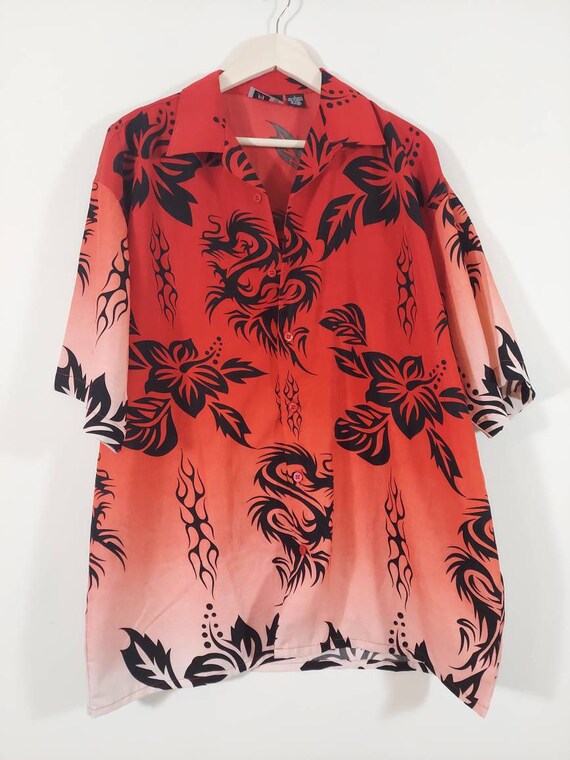 90s Dragon tattoo flame Print shirt / Hawaiian sty