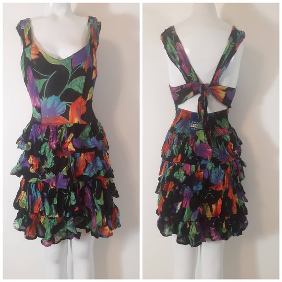 Vintage 90s floral ruffle tie back dress / 90s tie
