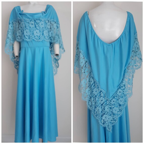 Vintage 70s cape maxi dress / 70s poly dress / 70s