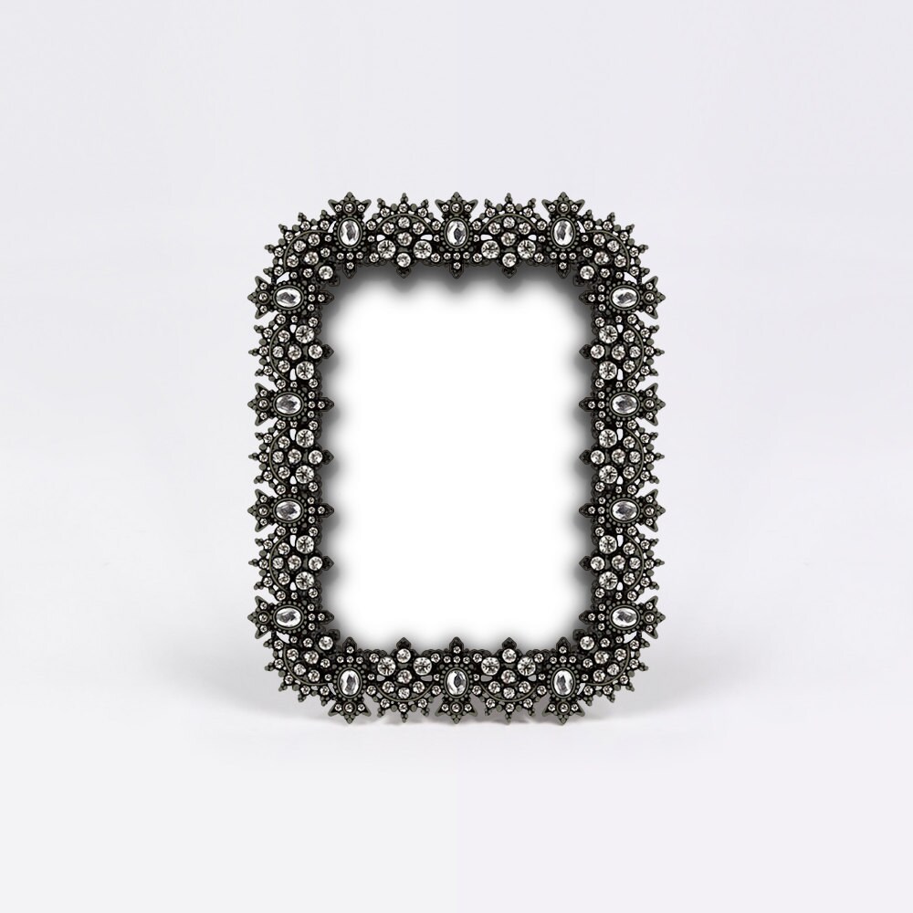 Antique Black Metal Photo Frame, Vintage Crystals Picture Frame, Shabby
