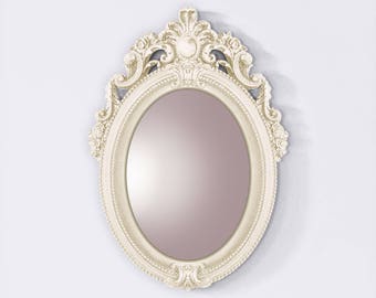 Ornate Acanthus Floral Mirror, Antique Ivory Cream Blossoms Mirror, Ornamented Baroque Flowers Mirror, Shabby Chic Pearl White Oval Mirror