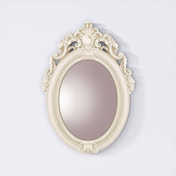 Miroir Floral Orné d'Acanthes, Miroir Fleurs Crème Antique, Miroir Baroque Ornementé, Miroir Ovale Blanc Perle, Décor Ivoire Shabby Chic