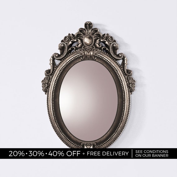 Bronze Baroque Mirror Vintage Style Silver Oval Frame Antique Hand Victorian Vanity Edwardian Makeup
