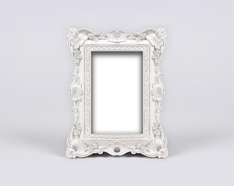Vintage Baroque Photo Frame, Old White Ornate Roses Picture Frame, Antique Wedding, Shabby Chic French Cottage, Parisian Charming Cottage