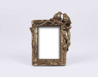 Shabby Chic Bird Picture Frame, Gold Baroque Frame, Antique Baroque Framed, Vintage Photo Frame, Forest Decor, Gold Wood Branch, Golden Nest
