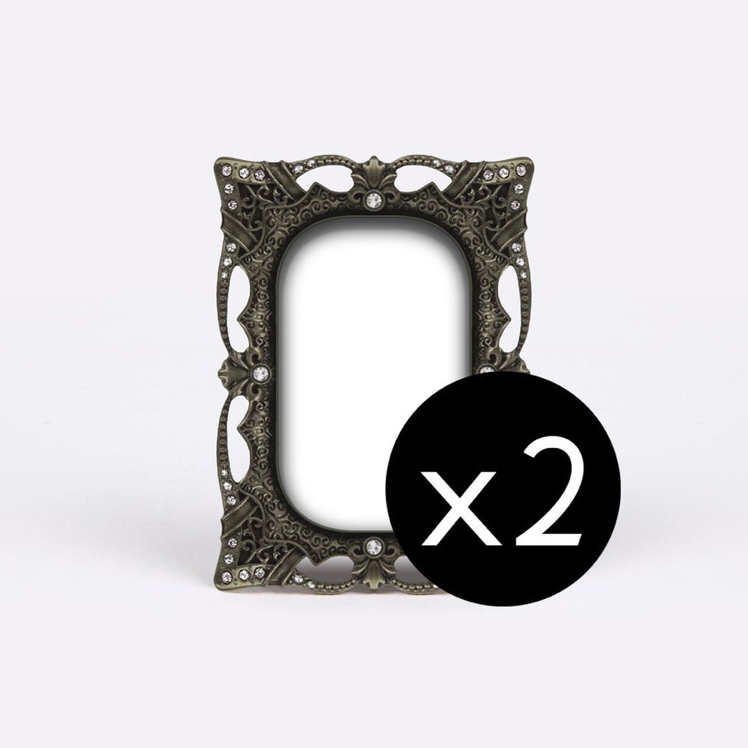 Antique Ornate Black Metal Picture Frame, Golden Gloss Frame, Victorian Crystals Frame
