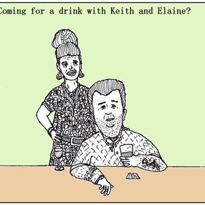 258 Geburtstagskarte, Allgemeine Anlasskarte, Kunstkarte, obskure Karte, seltsame Karte, Geplänkel, Trinken, Keith und Elaine.