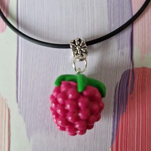 Handmade Raspberry Necklace: Glossy Polymer Clay Berry Pendant