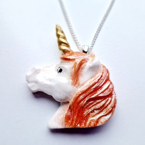 Handmade Unicorn Necklace with Golden Horn and Glittering Mane, Unique Polymer Clay Pendant