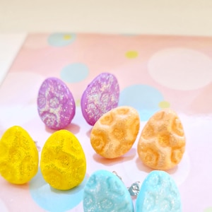 Shimmery Pastel Easter Egg Stud Earrings – Yellow, Purple, or Blue – Handmade Spring Jewelry